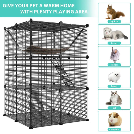 3-Tiers Cat Cage Enclosure Metal Wire Cat Kennel Playpen w/ Hammock for 1-2 Cats