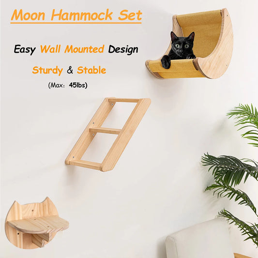 Wooden Cat Wall Furniture | Moon Shaped Perch, Cat-Shaped Perch, and Ladder