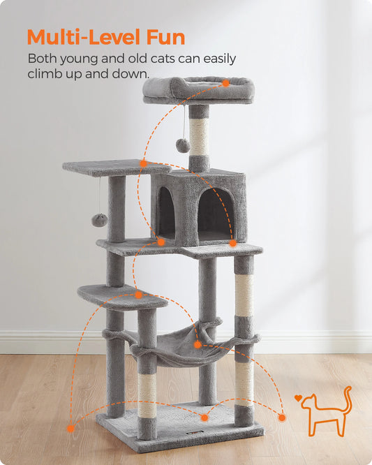 Multi-level, 56.3-Inch Cat Tower/Tree/Condo with 4 Scratching Posts, 2 Perches, Hammock and Cave