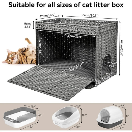 2-in-1 Handwoven Rattan Cat Bed and Hidden Litter Box Furniture