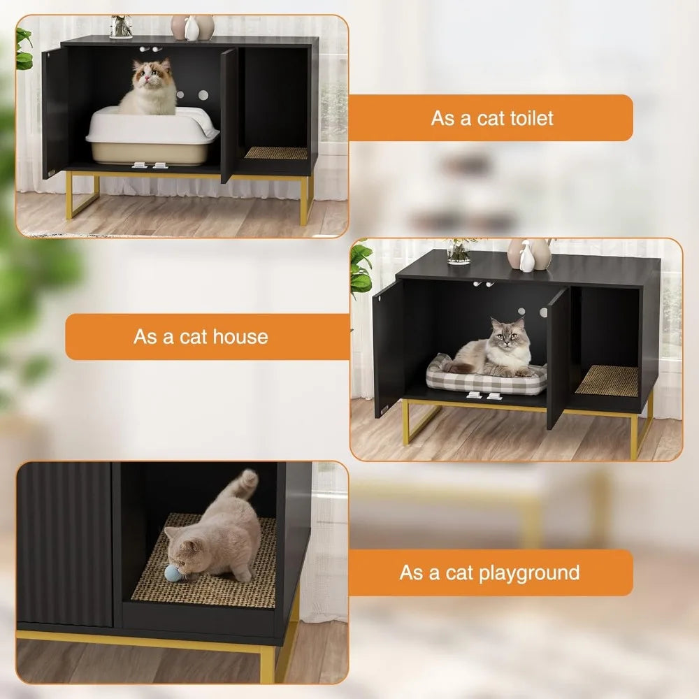 Modern Litter Box Furniture with Scratch Pad, Metal Legs, Enclosed Cabinet Design: 31.5 Inches
