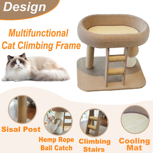 Indoor Cat Climbing Frame Tower Bed with Ice Mat and Hanging Sisal Ball