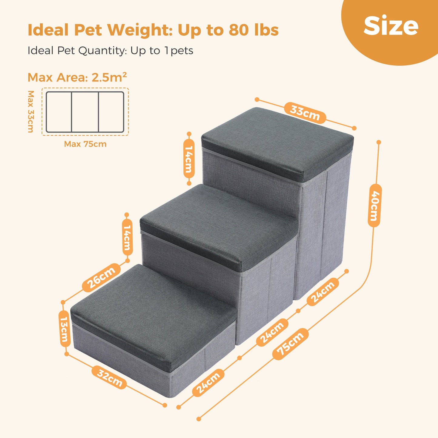 3-Tier Foldable, Non-Sip Pet Stairs with Adjustable Height and Storage Box
