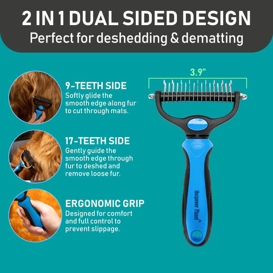 Pet Grooming Brush and 2X Grooming Gloves Combo - Double Sided Dematting, Deshedding Undercoat Rake