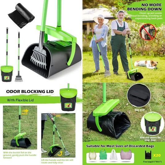 MXF Pooper Scooper Swivel Bin and Rake Kit with 20 Waste Bags, 36.6" Long Handle Adjustable Handle