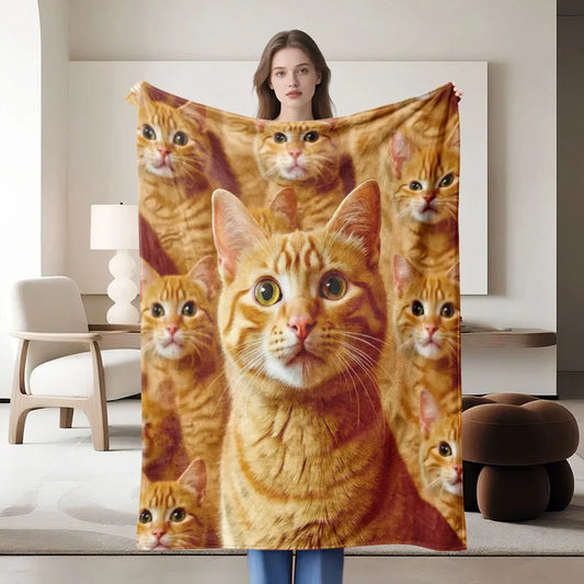 1-piece multi-use, soft, orange cat-themed flannel blanket