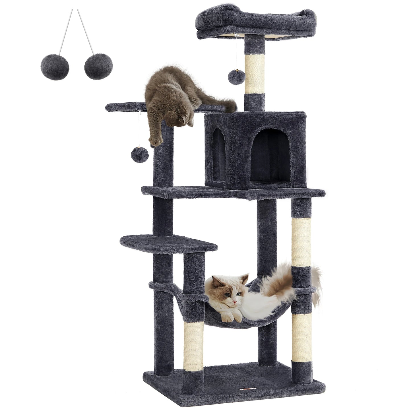 Multi-level, 56.3-Inch Cat Tower/Tree/Condo with 4 Scratching Posts, 2 Perches, Hammock and Cave