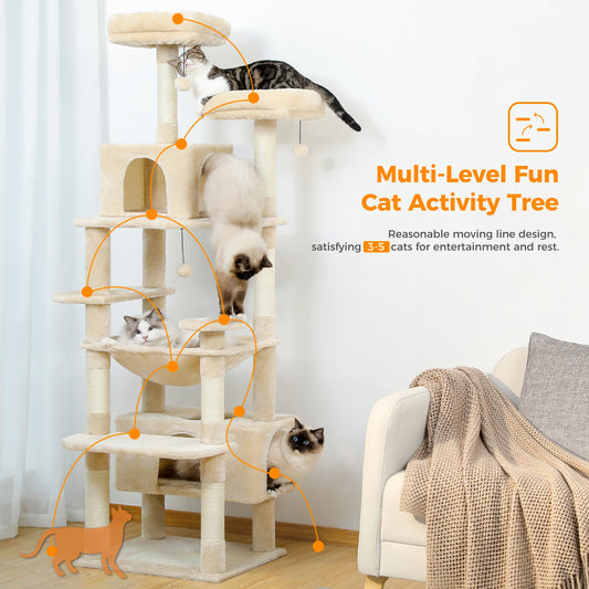 Large Indoor Cat Tree and Tower With Scratching Posts, Spacious Hammock and Padded Perches