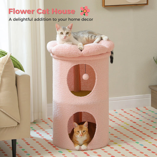 Large Cat House with Removable Flower Cat Bed and Hideaway