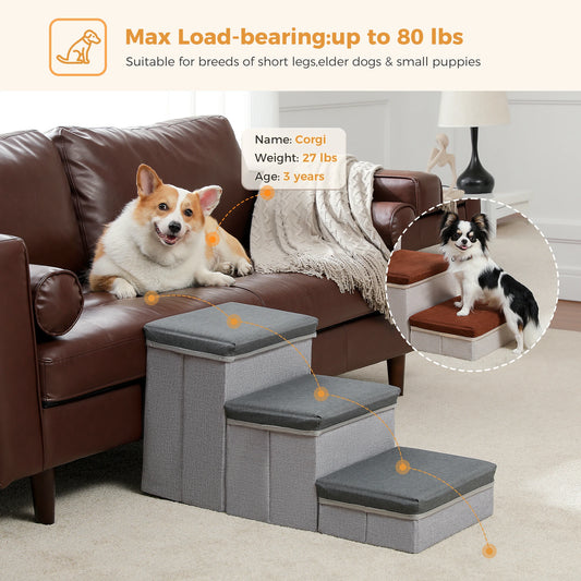 3-Tier Foldable, Non-Sip Pet Stairs with Adjustable Height and Storage Box