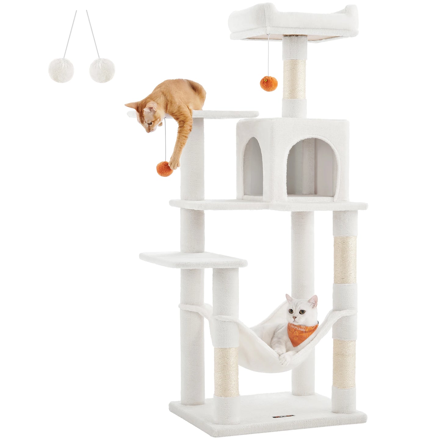 Multi-level, 56.3-Inch Cat Tower/Tree/Condo with 4 Scratching Posts, 2 Perches, Hammock and Cave