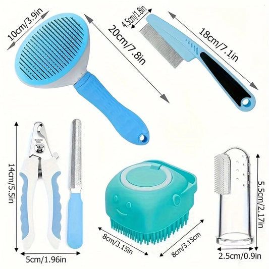 7 Pack Dog Grooming Set: Hair Removal Comb, Flea Comb, Shampoo Brush, Pet Nail Clippers, Toothbrush Set