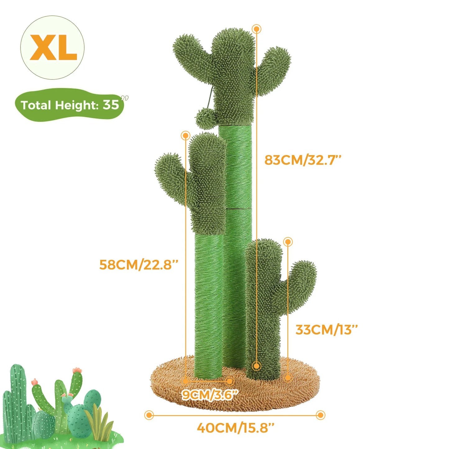 Cactus Cat Scratching Post with 3 Sisal Scratching Poles and Interactive Dangling Balls