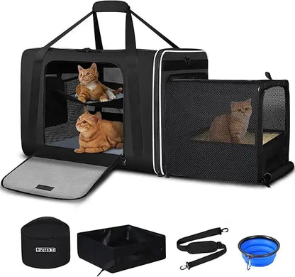 Side Expandable Extra Large Cat Carrier with Litter Box Area