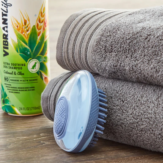 Ergonomic Dog/Cat Grooming Brush with Shampoo Dispenser and Soft Silicone Bristles for Bathing and Massaging