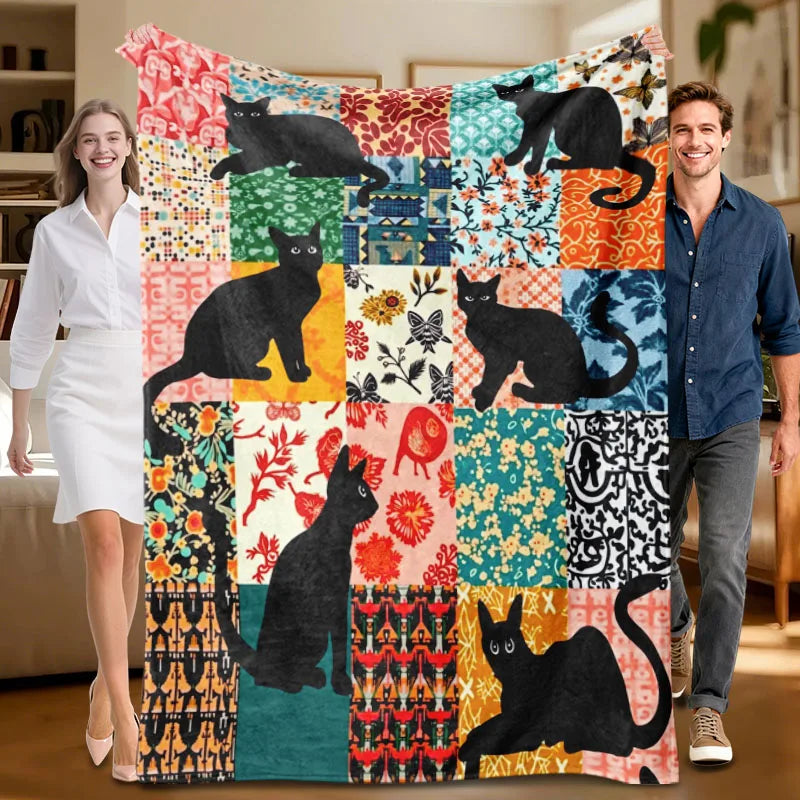 1-piece multi-use soft, black cat colorful pattern flannel blanket
