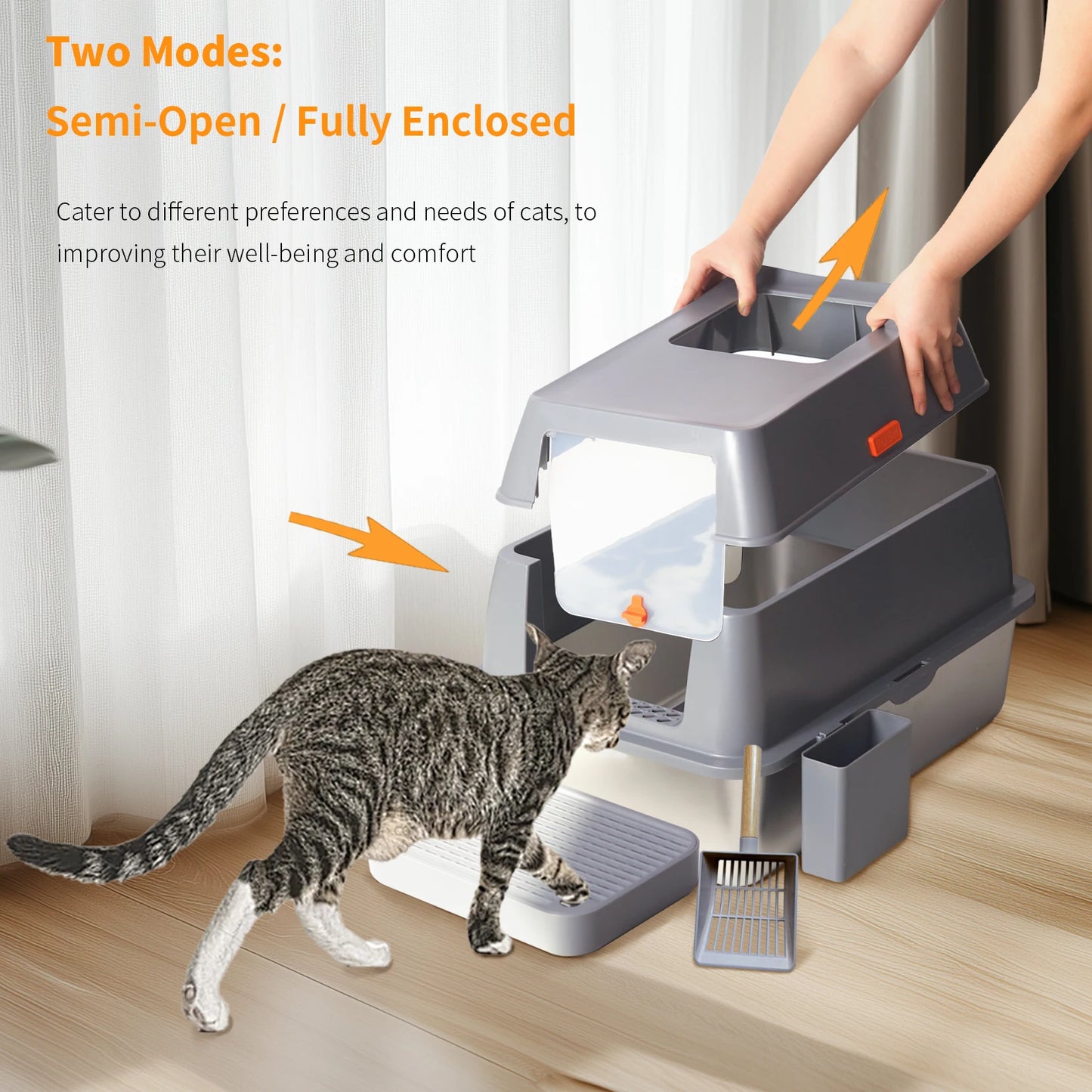 Enclosed Stainless Steel Cat Litter Box with Lid and Semi-open Design