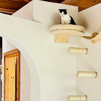 Cat Wall Mounted Solid Wooden Furniture with Climbing Ladder, Perch, Hammock and Scratching Post