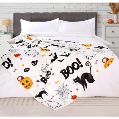 Halloween Plush Cat Blanket with Pumpkins, Ghosts and Spiders