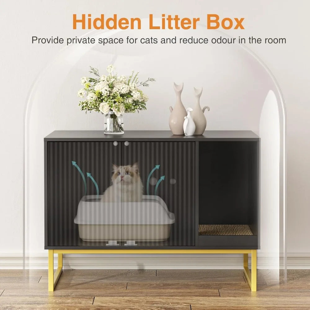 Modern Litter Box Furniture with Scratch Pad, Metal Legs, Enclosed Cabinet Design:  31.5 Inches