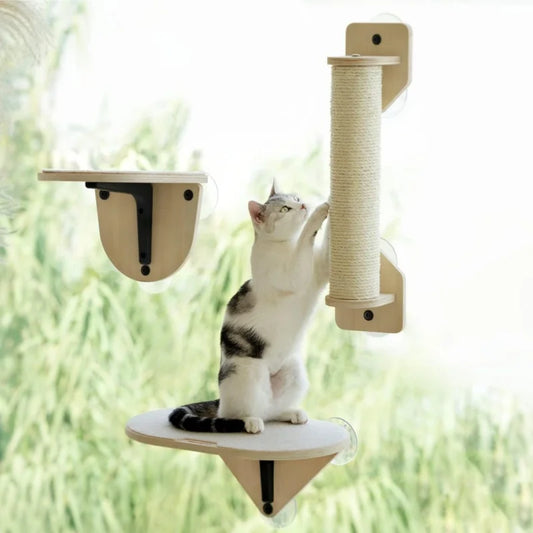 Indoor Window Mounted Cat Perch Hammock with Climbing Steps, Scratching Post, and Wooden  Bed