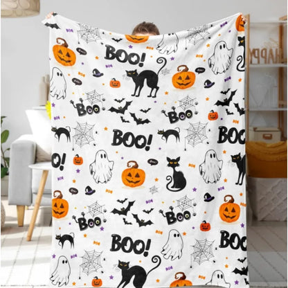 Halloween Plush Cat Blanket with Pumpkins, Ghosts and Spiders