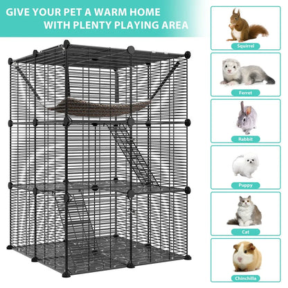 3-Tiers Cat Cage Enclosure Metal Wire Cat Kennel Playpen w/ Hammock for 1-2 Cats