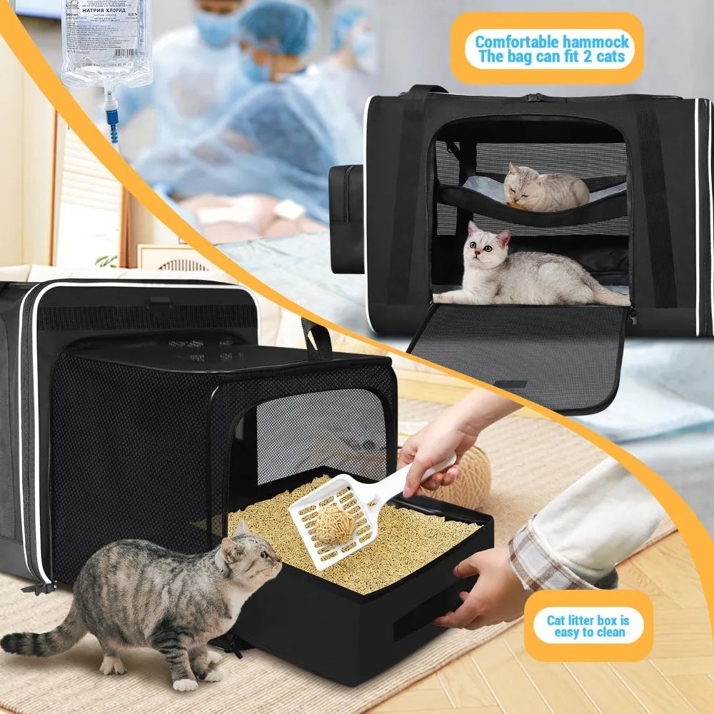 Side Expandable Extra Large Cat Carrier with Litter Box Area