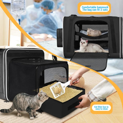 Side Expandable Extra Large Cat Carrier with Litter Box Area