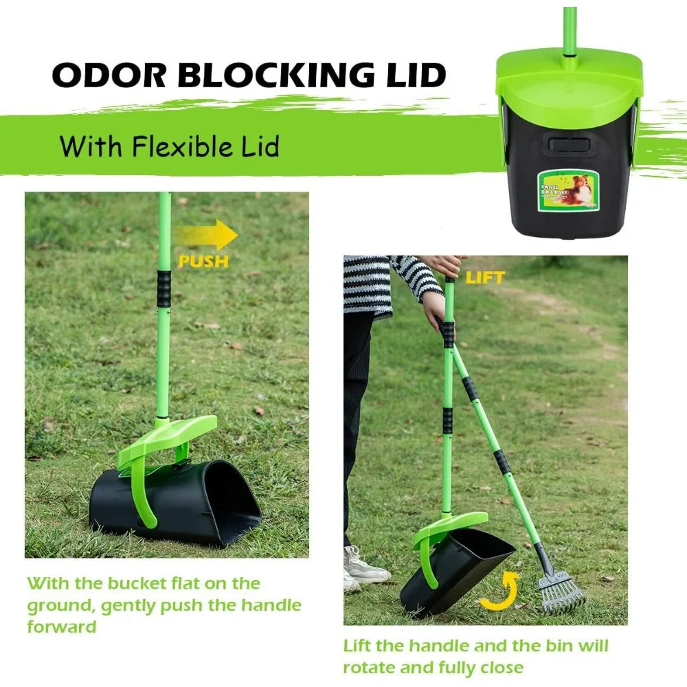 MXF Pooper Scooper Swivel Bin and Rake Kit with 20 Waste Bags, 36.6" Long Handle Adjustable Handle