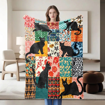 1-piece multi-use soft, black cat colorful pattern flannel blanket
