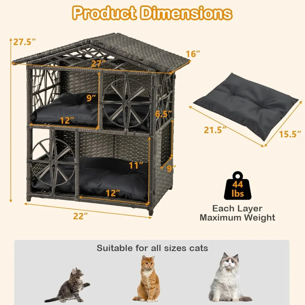 Two-Tier Rattan Cat House with Removable Cushions and Wicker Cat Cave Bed