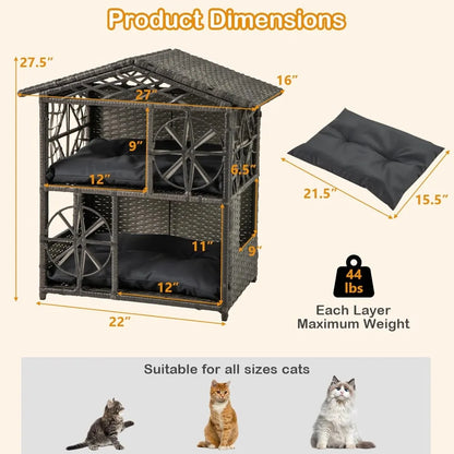 Two-Tier Rattan Cat House with Removable Cushions and Wicker Cat Cave Bed