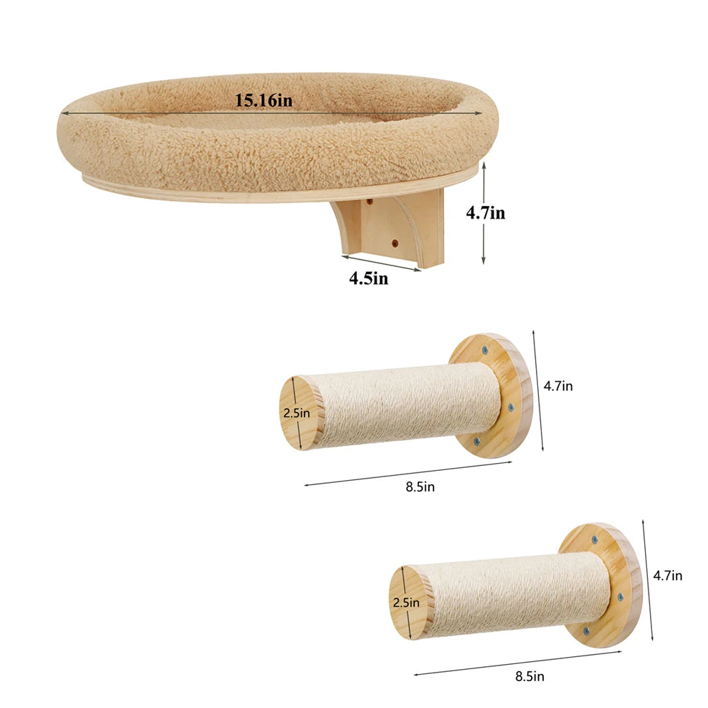 Cat Wall Mounted Solid Wooden Furniture with Climbing Ladder, Perch, Hammock and Scratching Post