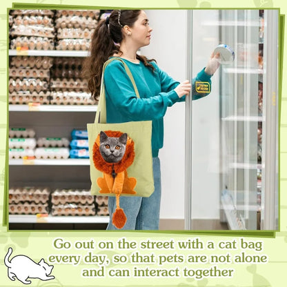 Portable Green Lion-Shaped Canvas Shoulder Tote Bag for Small Animals