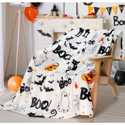 Halloween Plush Cat Blanket with Pumpkins, Ghosts and Spiders
