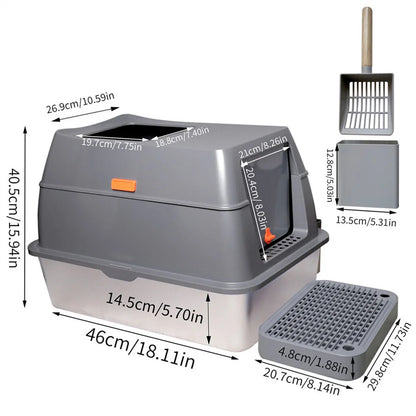 Enclosed Stainless Steel Cat Litter Box with Lid Large Litter Pan and High Wall