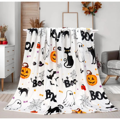 Halloween Plush Cat Blanket with Pumpkins, Ghosts and Spiders
