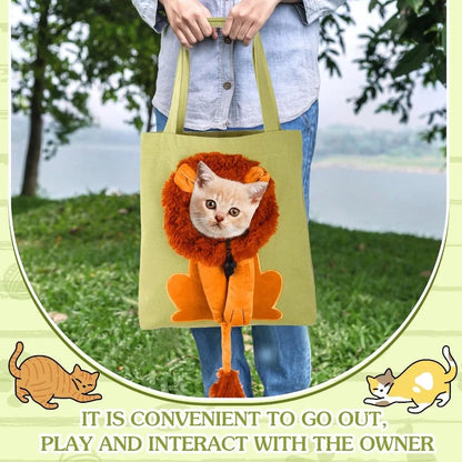 Portable Green Lion-Shaped Canvas Shoulder Tote Bag for Small Animals