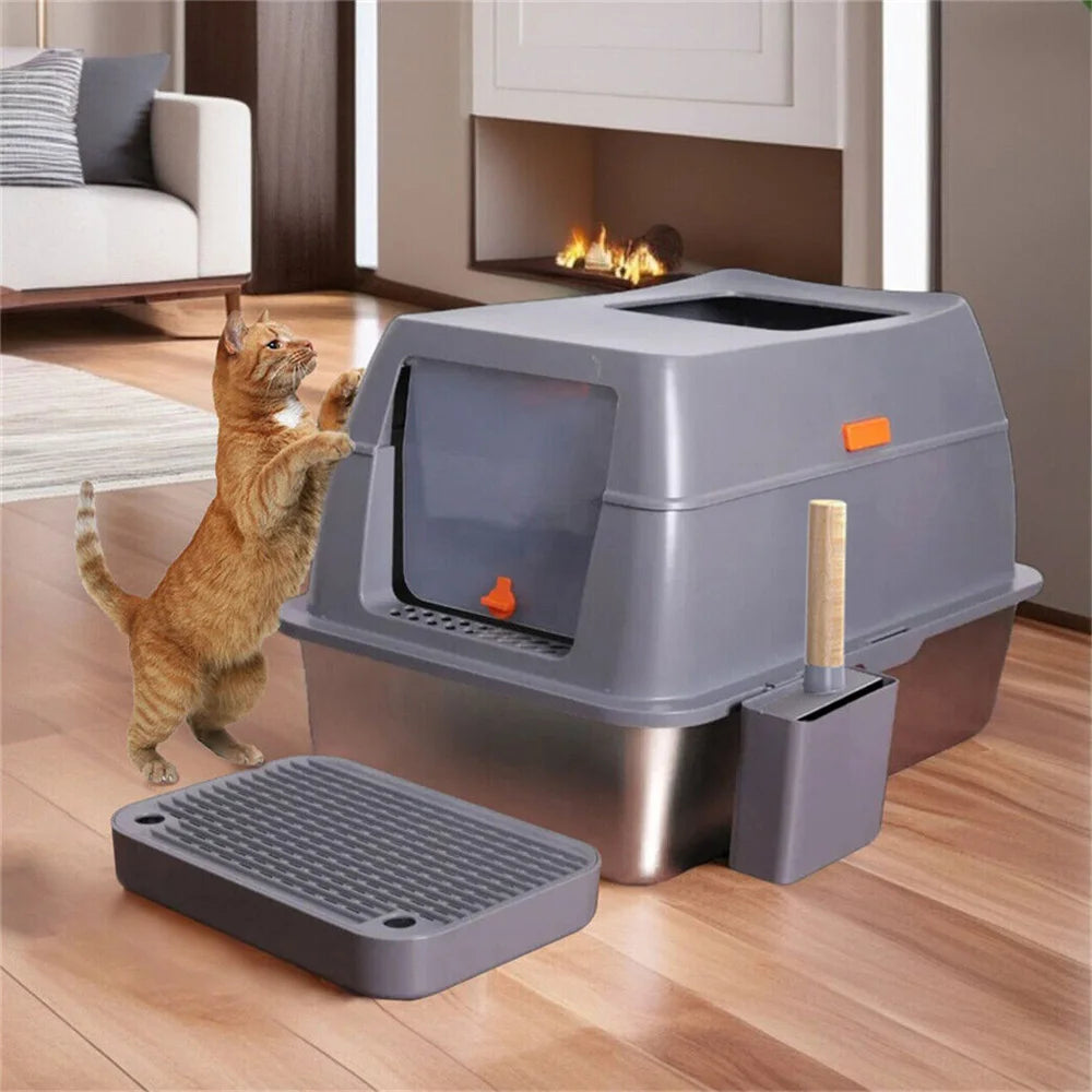Enclosed Stainless Steel Cat Litter Box with Lid Large Litter Pan and High Wall