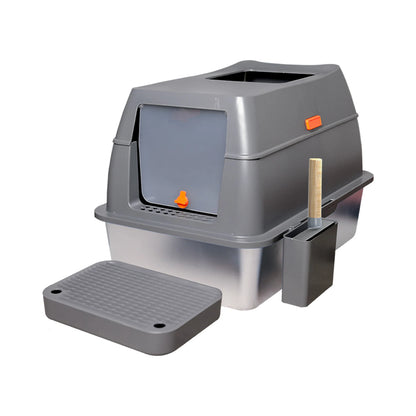 Enclosed Stainless Steel Cat Litter Box with Lid and Semi-open Design