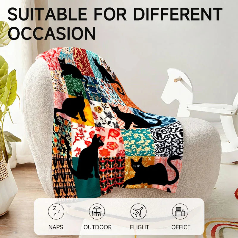 1-piece multi-use soft, black cat colorful pattern flannel blanket