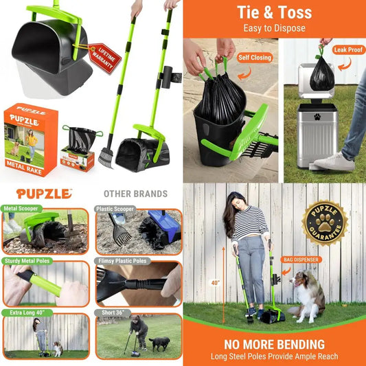 Dog Pooper Scooper with Bag Attachment and 40" Long Handle