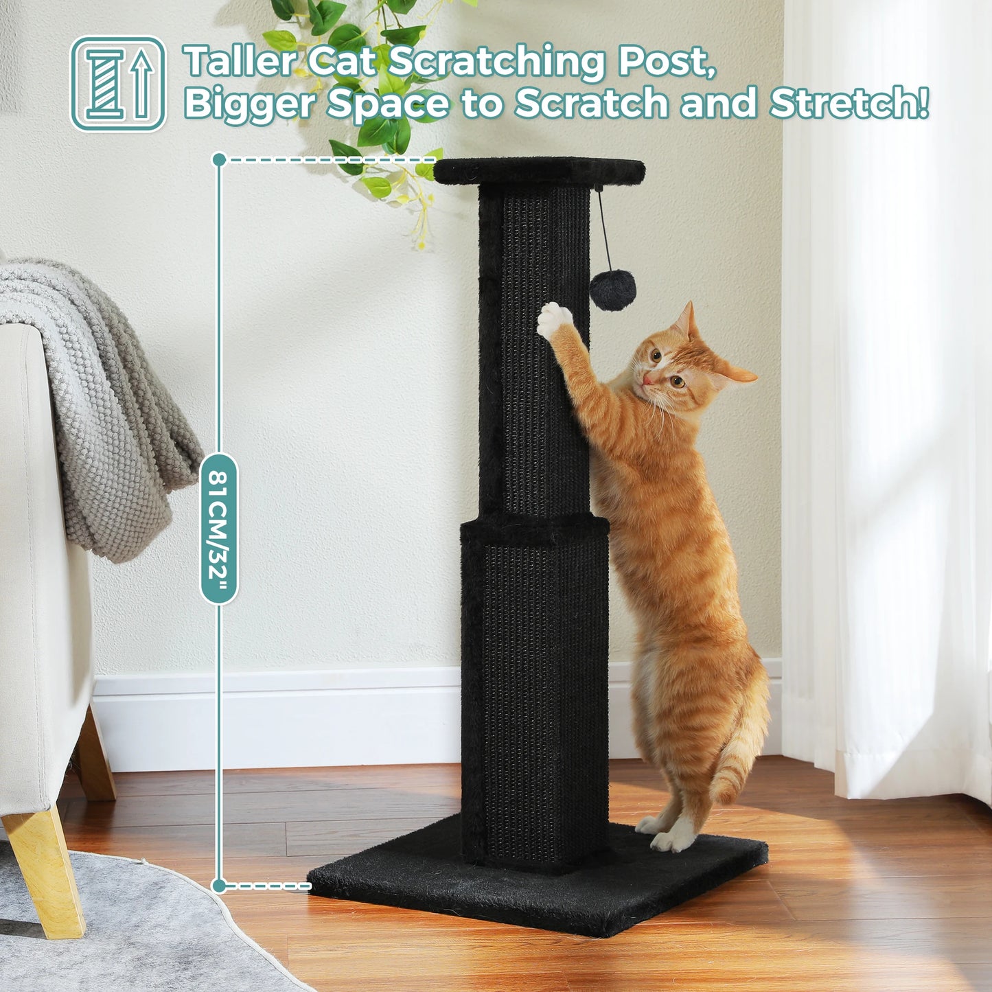 Large Scratching Post for Indoor Cats with Woven Sisal Dangling Ball