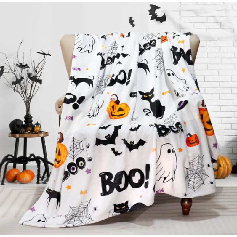 Halloween Plush Cat Blanket with Pumpkins, Ghosts and Spiders