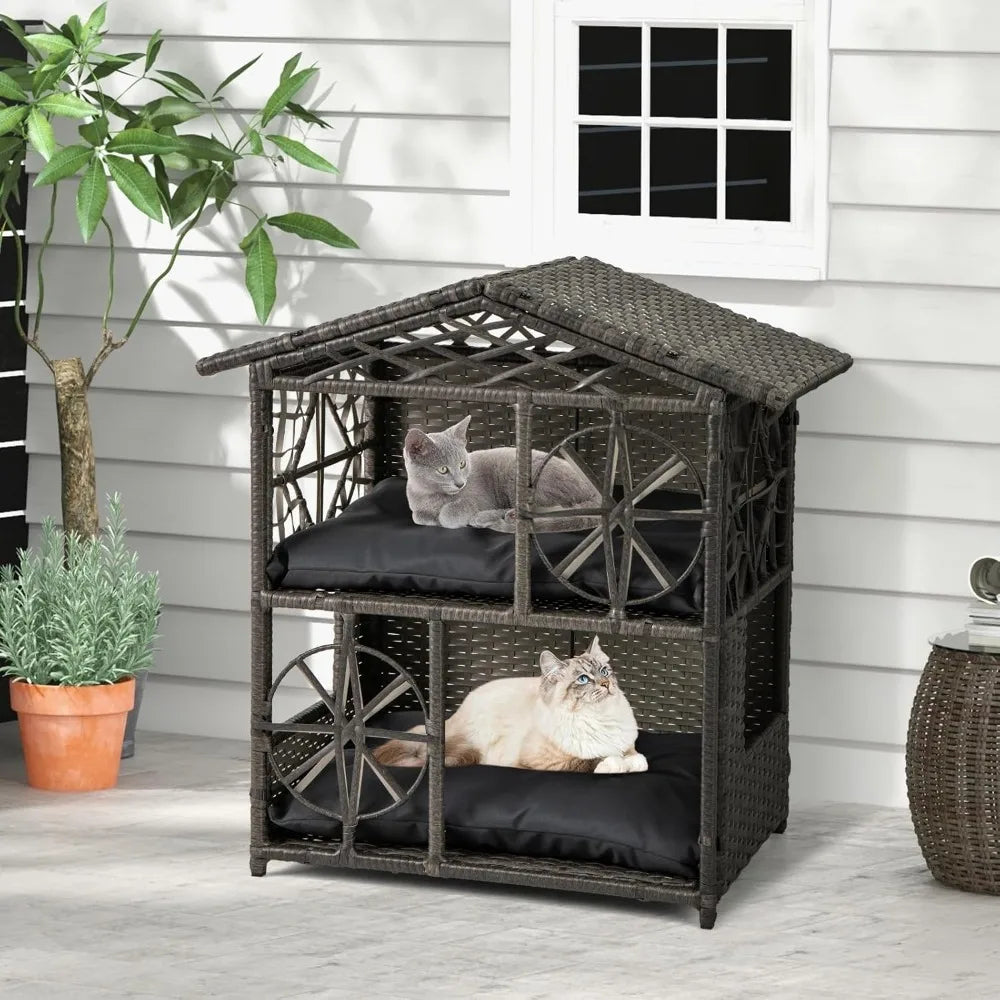 Two-Tier Rattan Cat House with Removable Cushions and Wicker Cat Cave Bed