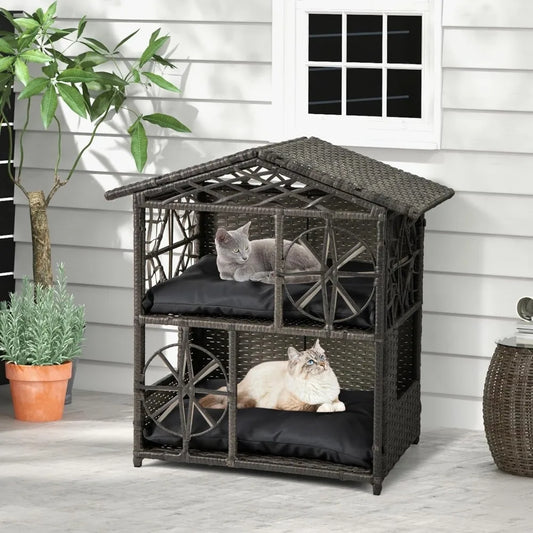Two-Tier Rattan Cat House with Removable Cushions and Wicker Cat Cave Bed