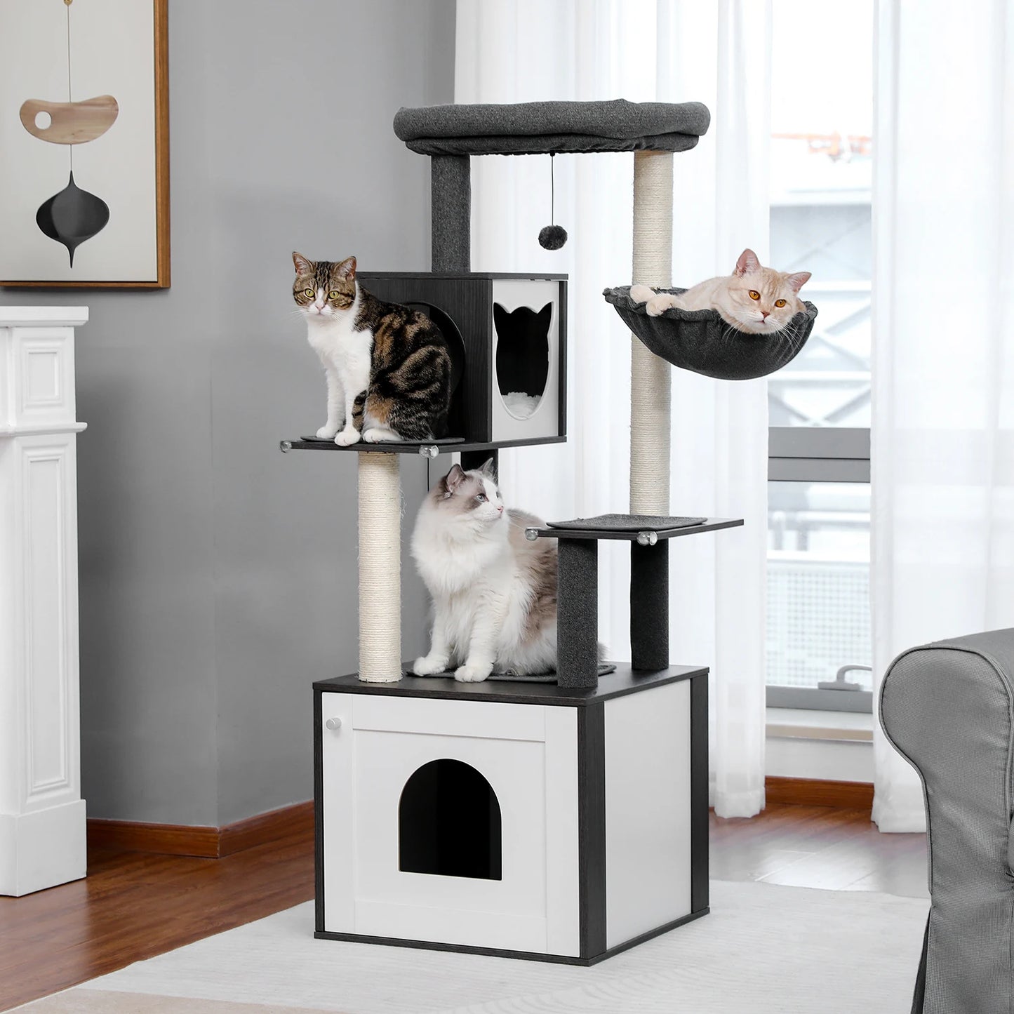 Cat Tree with Litter Box Enclosure and Covered Scratching Post