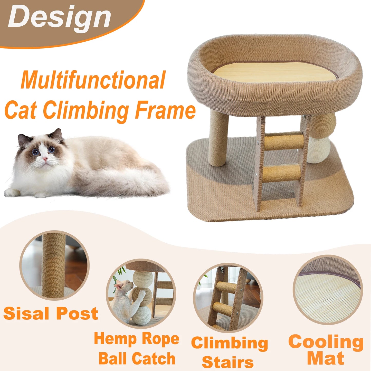 Indoor Cat Climbing Frame Tower Bed with Ice Mat and Hanging Sisal Ball