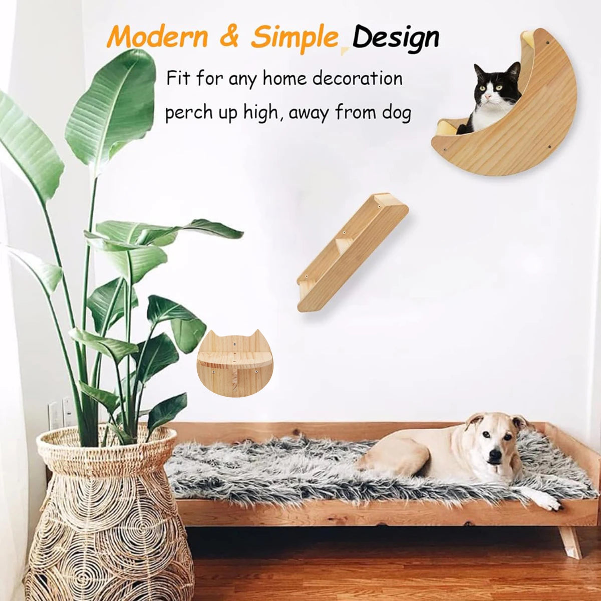 Wooden Cat Wall Furniture | Moon Shaped Perch, Cat-Shaped Perch, and Ladder